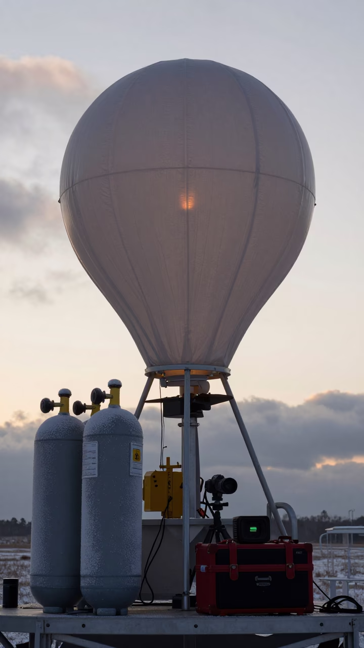 Frosty Balloon Launch Tarp in Evening Light in on a wind-scoured research platform in Kansai