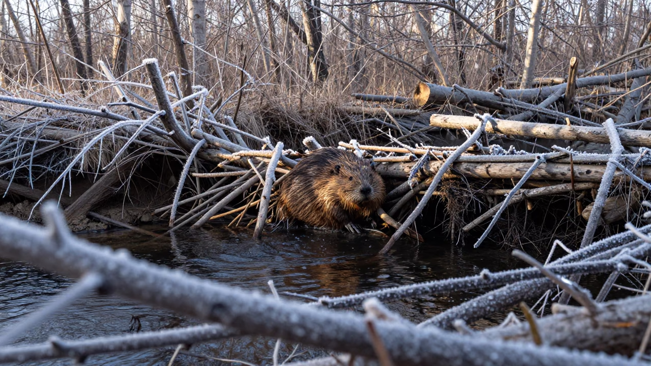 Frosty Beaver Dam in Late Afternoon Coastal Light in near Vladivostok