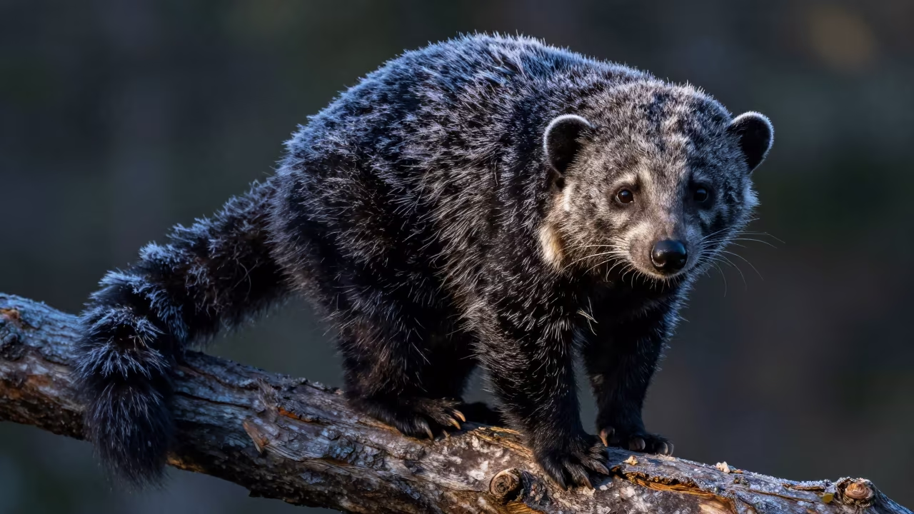 Frosty Binturong on Branch in Portugal Morning in in Portugal