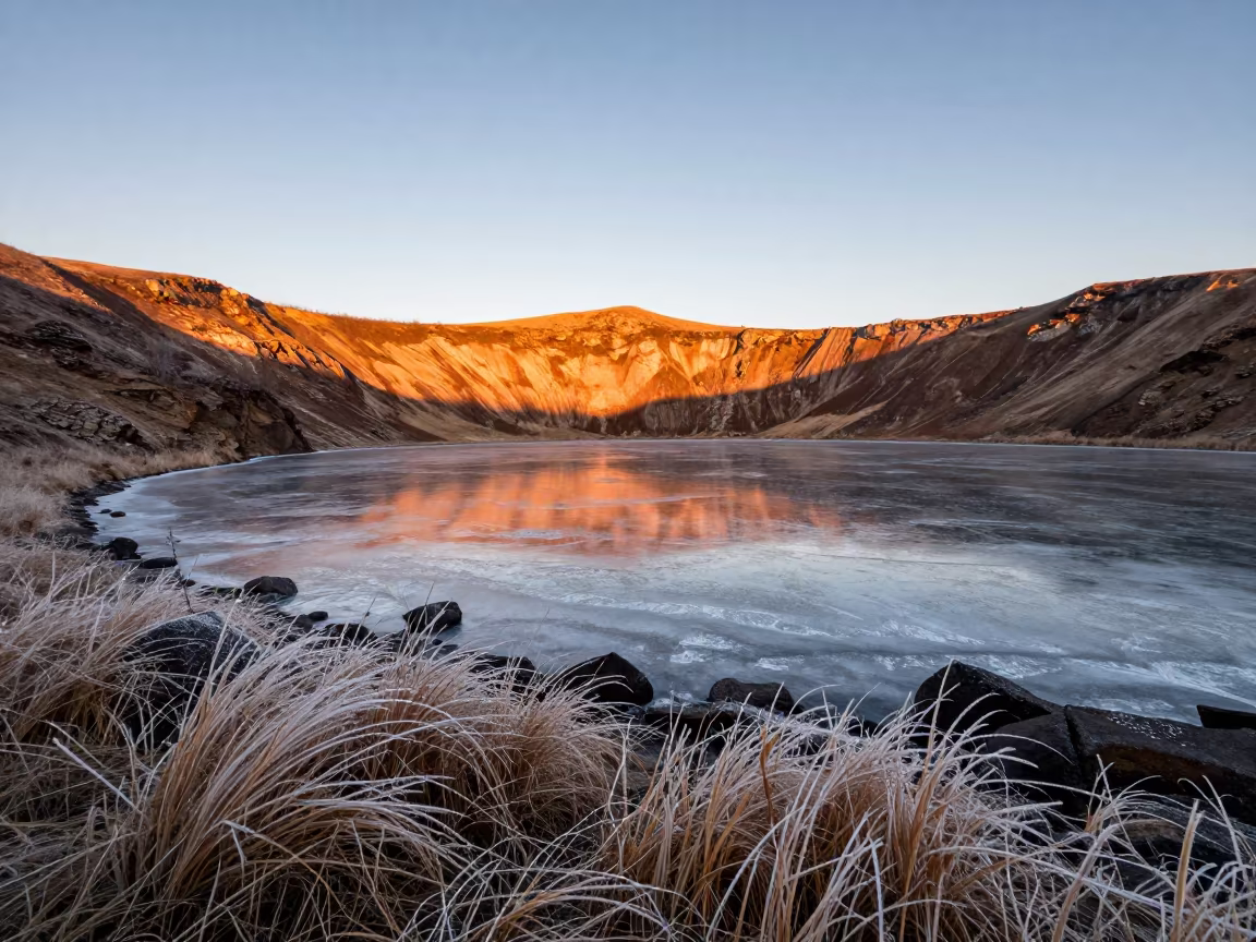 Frosty Crater Lake Cone Reflection Golden Hour in along a wave-cut shoreline near Makhachkala