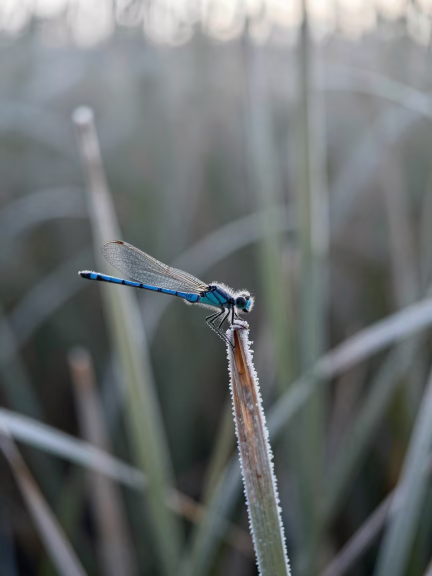 Frosty Dawn Damselfly on Reed Tip in near Puente Alto