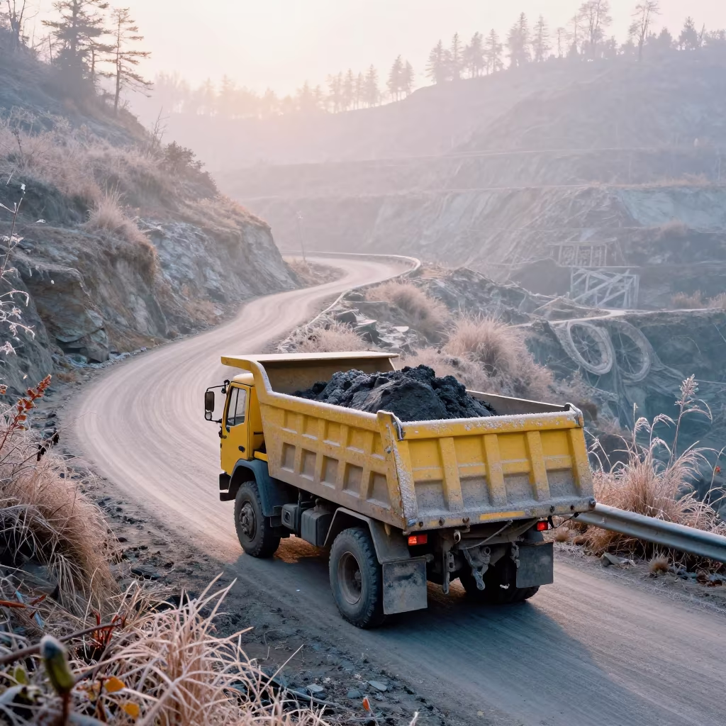 Frosty Dump Truck on Kathmandu Quarry Road in on a wind-open causeway near Kathmandu