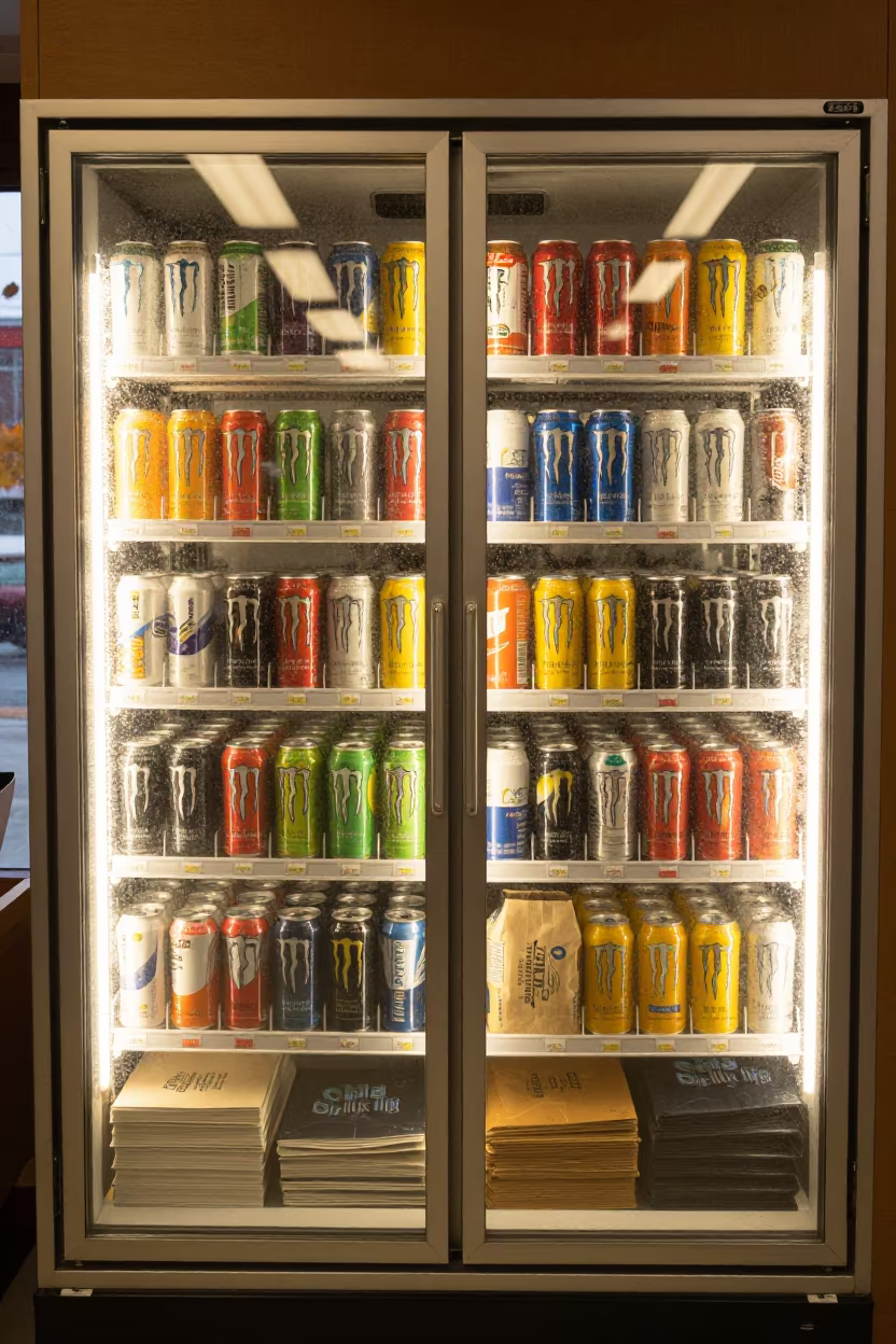 Frosty Energy Drinks in Brampton Store After Rain in at a cash wrap counter with bags stacked nearby in Brampton