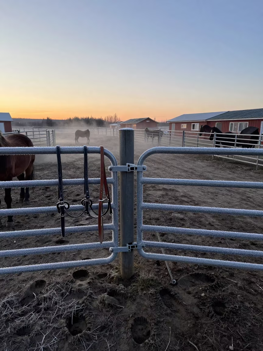 Frosty Gate and Haltered Horses at Lapland Twilight in at a stockyard loading ramp in Lapland