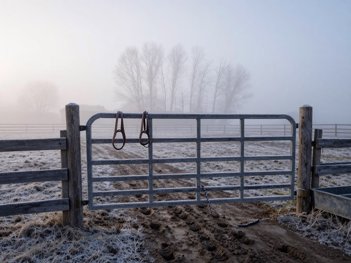 Frosty Horse Gate in Canadian Winter Dawn in near a windbreak and water trough in Canada