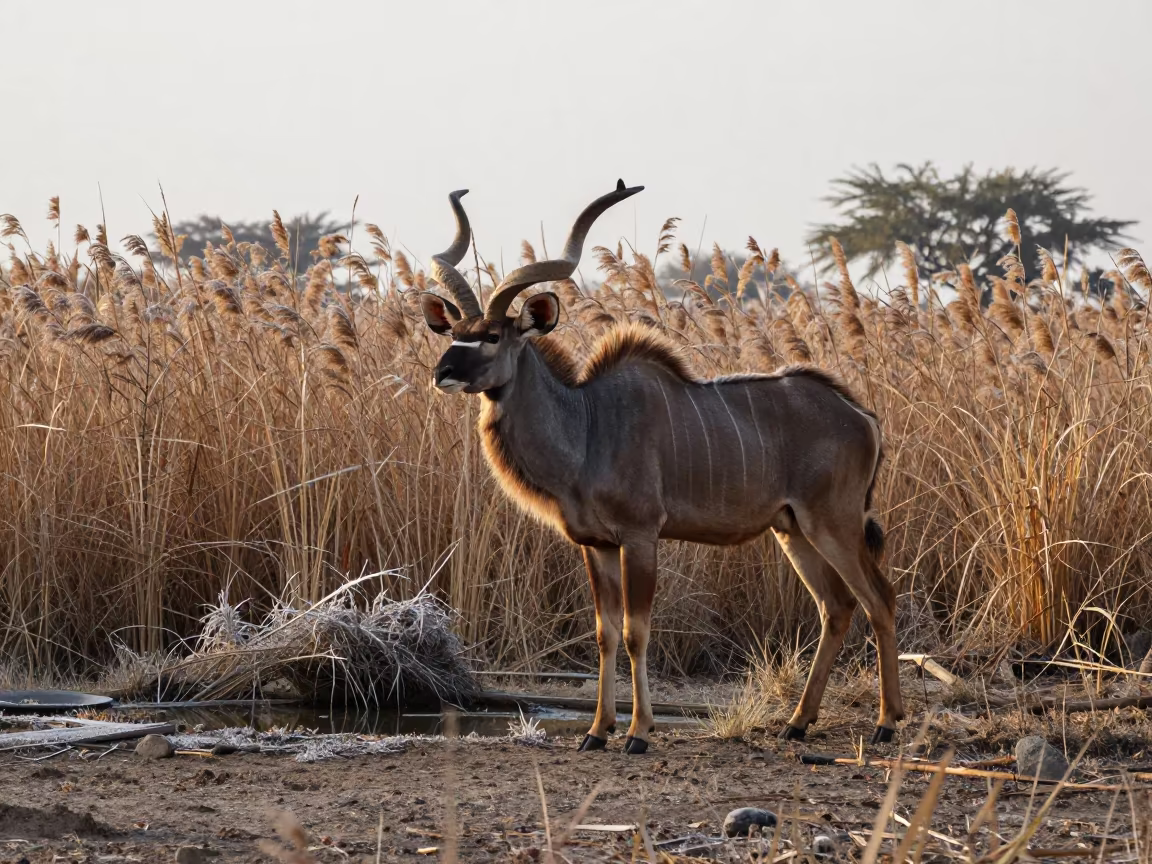 Frosty Kudu Bull at Afghan Waterhole Edge in at the edge of a reed bed in Afghanistan
