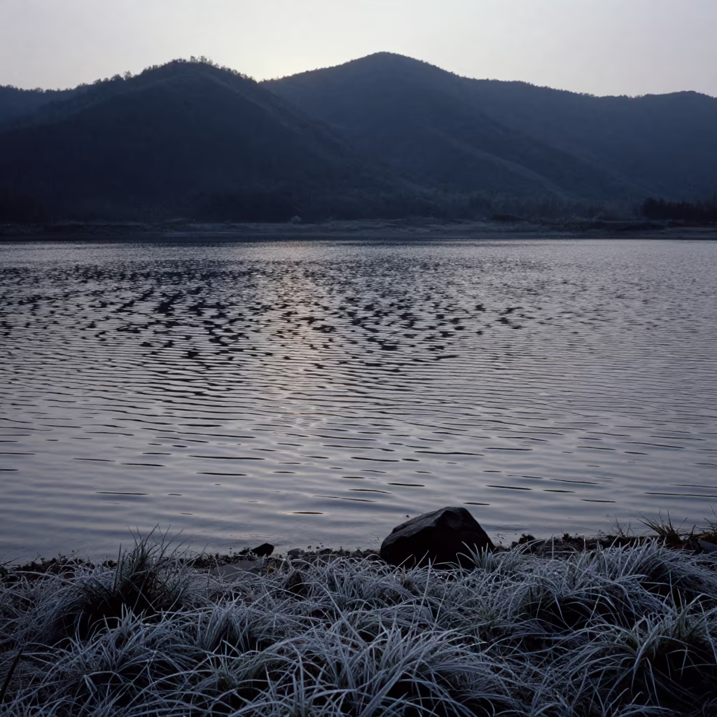 Frosty Lake Moire at Dawn in from a ridge above layered foothills near Kuanzhai Alley, Chengdu