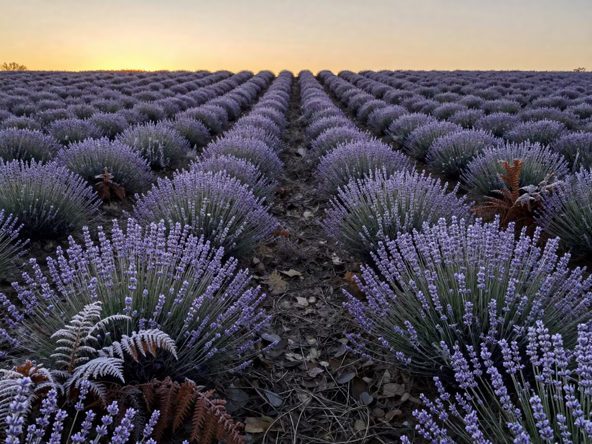 Frosty Lavender Rows Sunset Forest Edge in on a fern-lined forest floor near Brampton