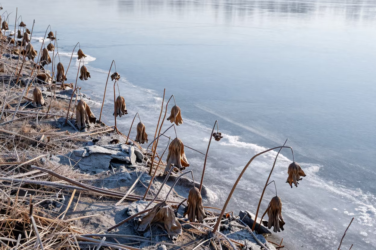 Frosty Lotus Field Siberian Cliff Autumn Noon in along a salt-sprayed cliff edge in Siberia