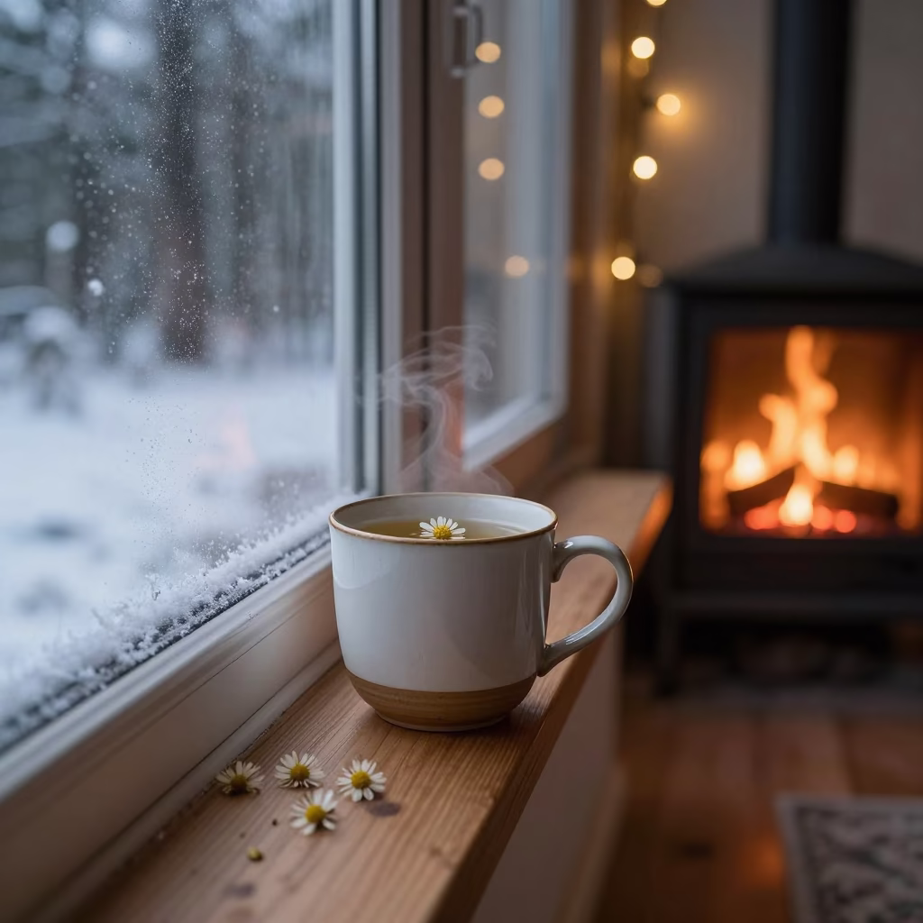 Frosty Midnight Chamomile Tea by Amazonian Fire in by a crackling fireplace near Manaus