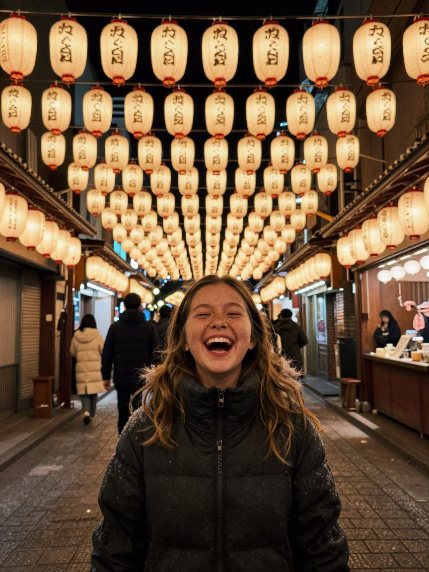 Frosty Night Market Girl with Duplicated Lanterns in along a market lane in Shinsaibashi, Osaka