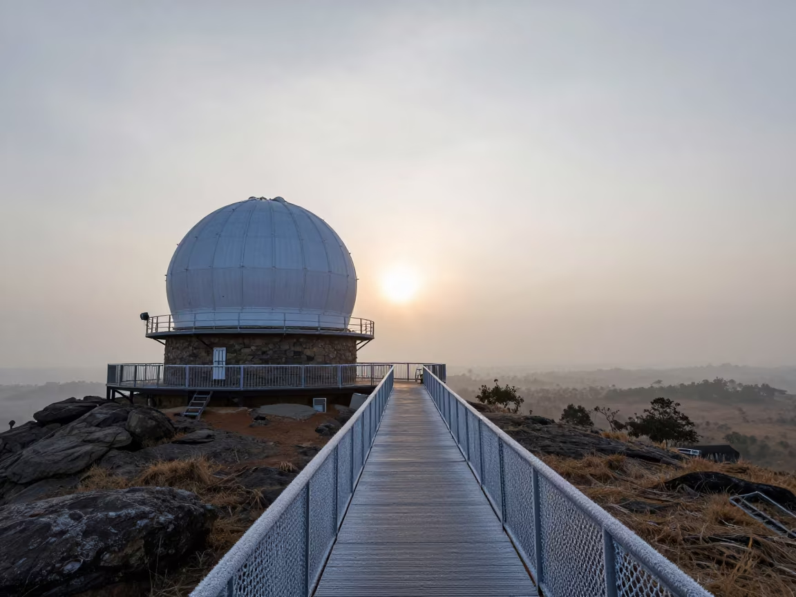 Frosty Observatory Catwalk at Dawn in Ghana in along a rocky geology outcrop in Ghana