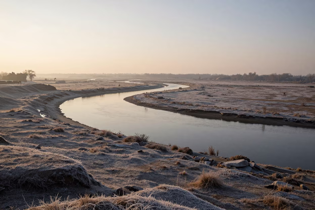 Frosty River Meandering Through Karachis Floodplain in along a wave-cut shoreline near Karachi