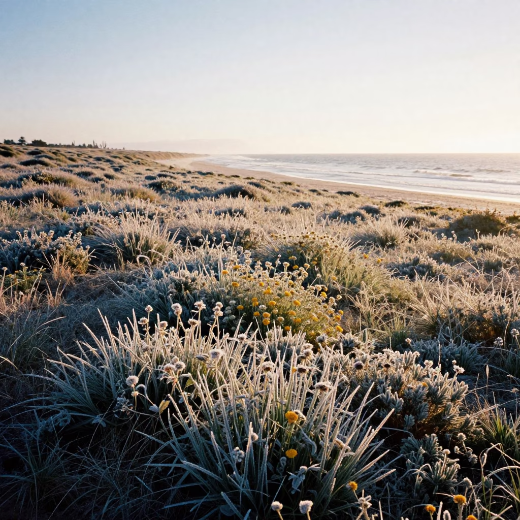 Frosty Sage Shoreline Wildflowers at Dawn in along a wave-cut shoreline near El Jadida