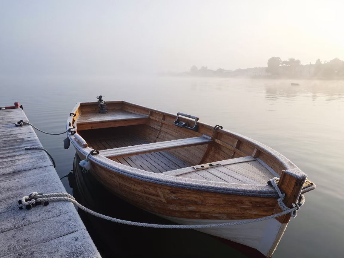 Frosty Sampan at Fogbound Harbor Dawn in beside a fogbound harbor mouth near Reggio Emilia