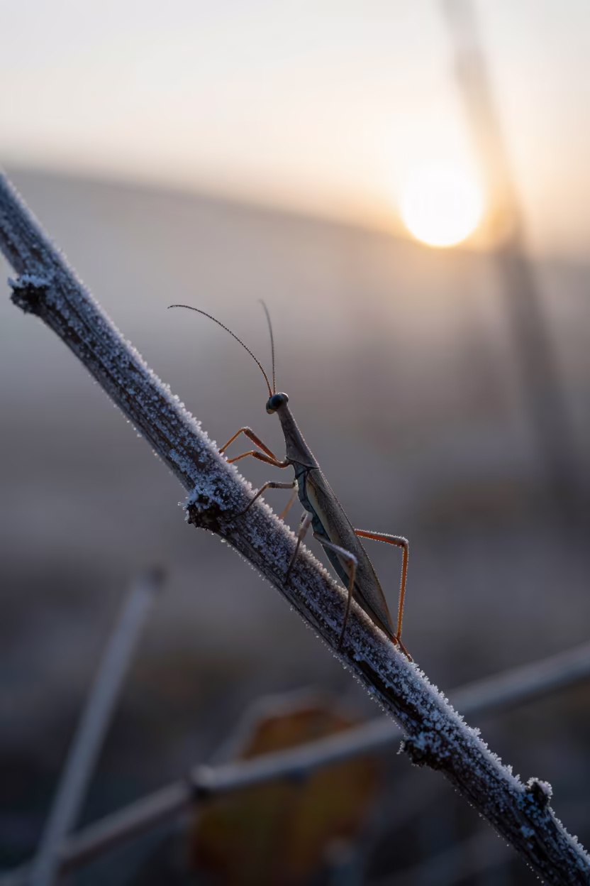 Frosty Stick Insect on Twig at Sunrise in along a game trail near Izmir