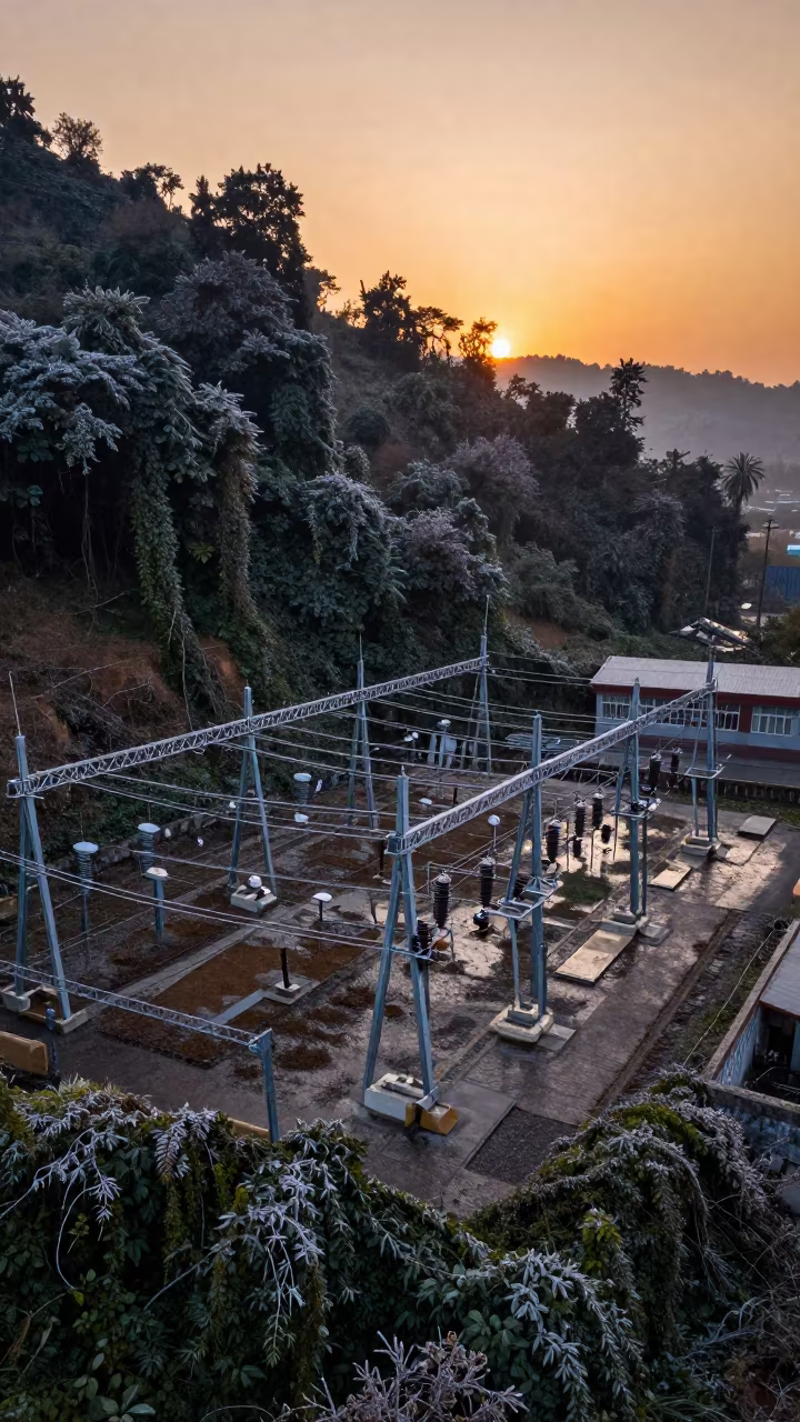 Frosty Substation Overgrown by Jungle Vines in beside a storm surge barrier in Himachal Pradesh