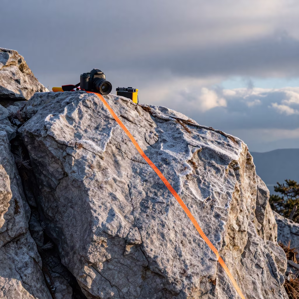 Frosty Survey Transect Line Rocky Outcrop in along a rocky geology outcrop in Shikoku