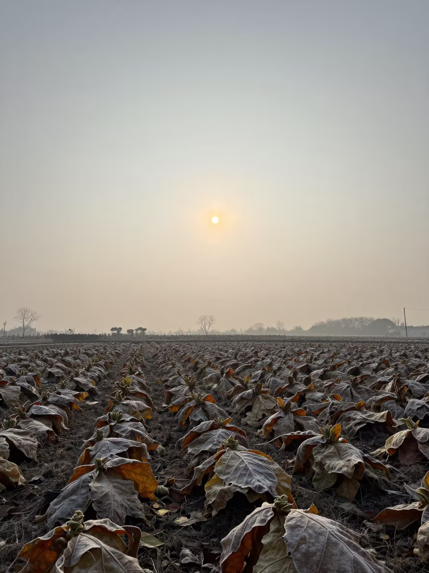 Frosty Tobacco Leaf Silhouette Before Dawn in among terraced garden plots near Suzhou