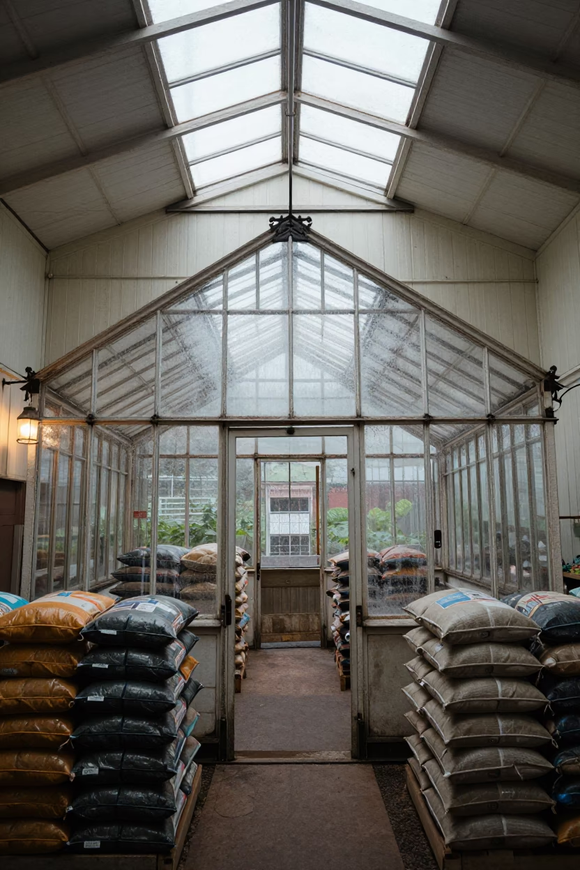 Frosty Victorian Greenhouse in Delaware Machine Shed in inside a machine shed with seed bags stacked high in Delaware