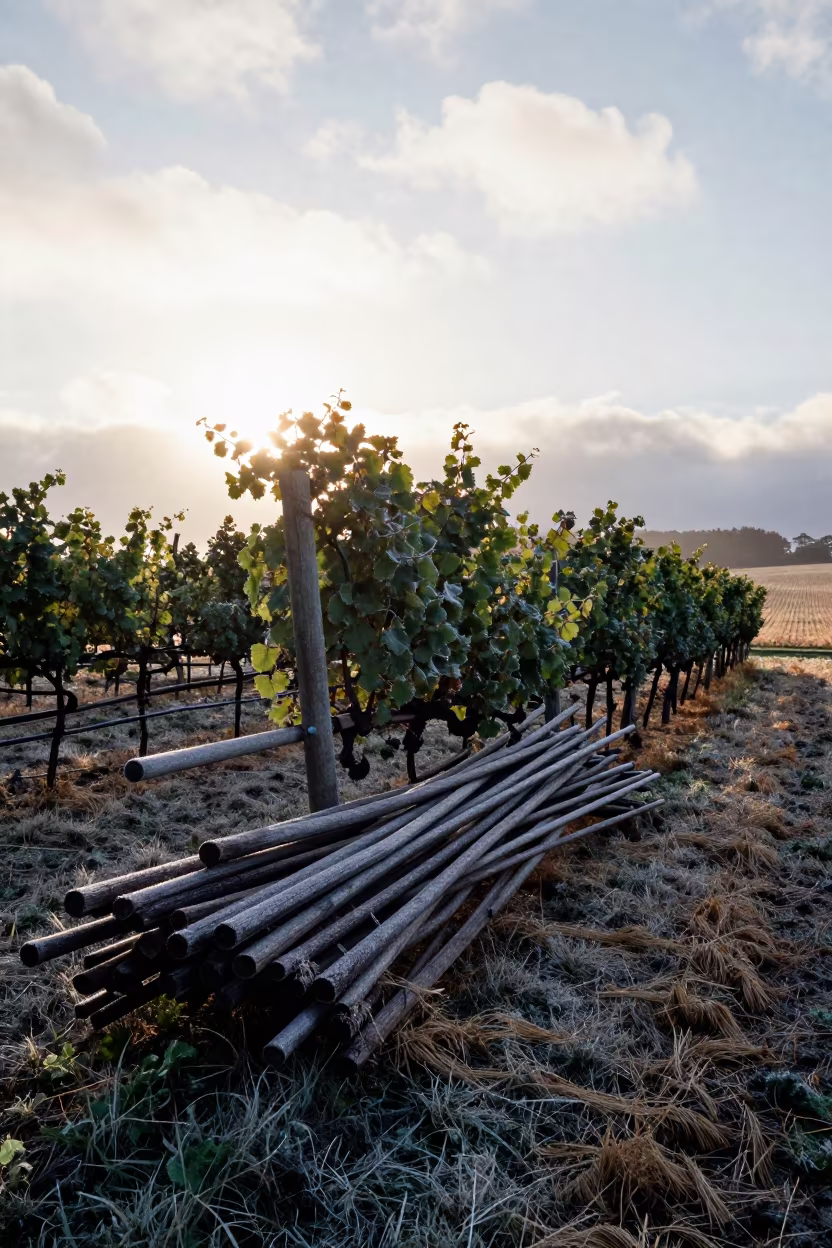 Frosty Vineyard Row at Dawn in Auckland in across a harvested grain field in Auckland
