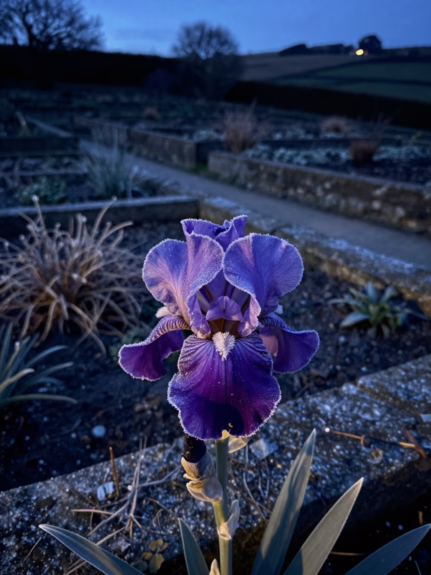 Frosty Violet Iris in Cornish Terraced Garden Twilight in among terraced garden plots in Cornwall