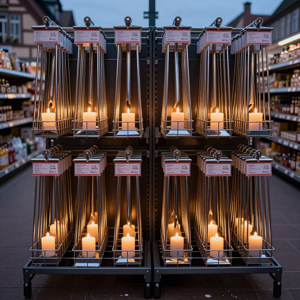Frozen Aisle Ice Scraper Rack at Twilight in beside a seasonal endcap near the sales floor in Strasbourg