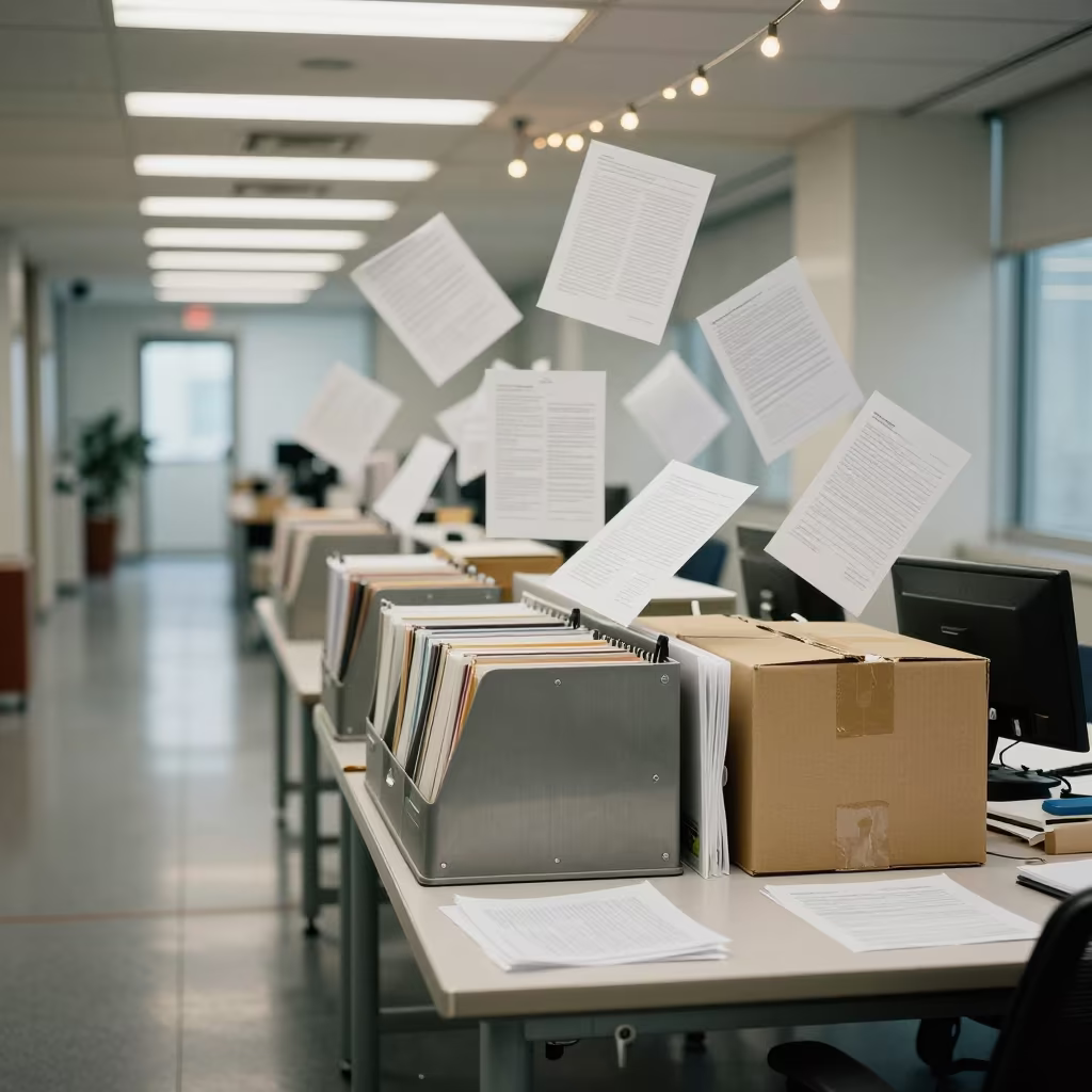 Frozen Archive Forms Floating Above Boardroom Table in at a boardroom table before a meeting in Busan