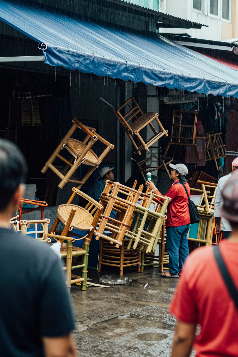 Frozen Bamboo Vendor Mid-Fall in Monsoon Market in at a textile trader's stall in Kingston
