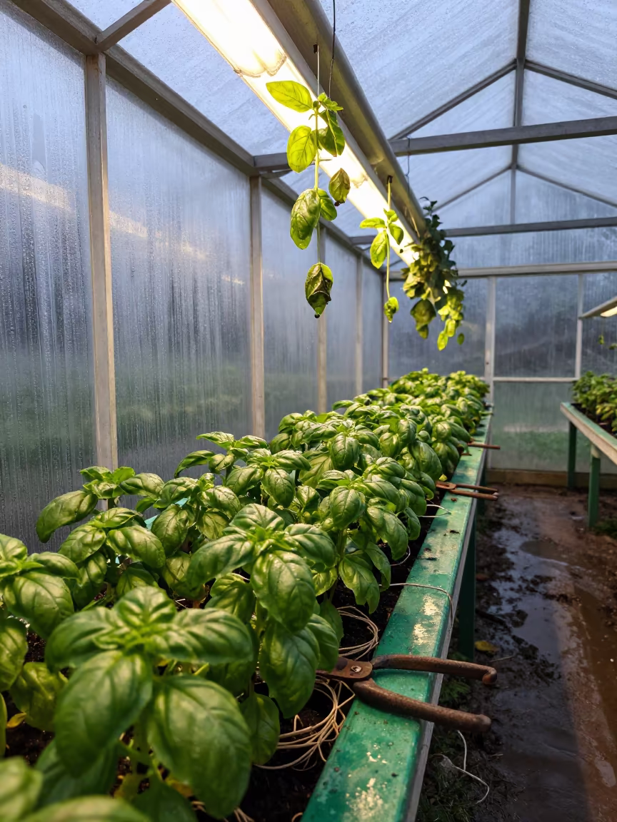 Frozen Basil and Shears in Tepic Greenhouse in inside a humid greenhouse aisle near Tepic