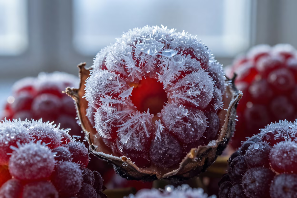 Frozen Berry Ice Lattice Macro in Seed Pod in inside a seed pod split open near Vancouver