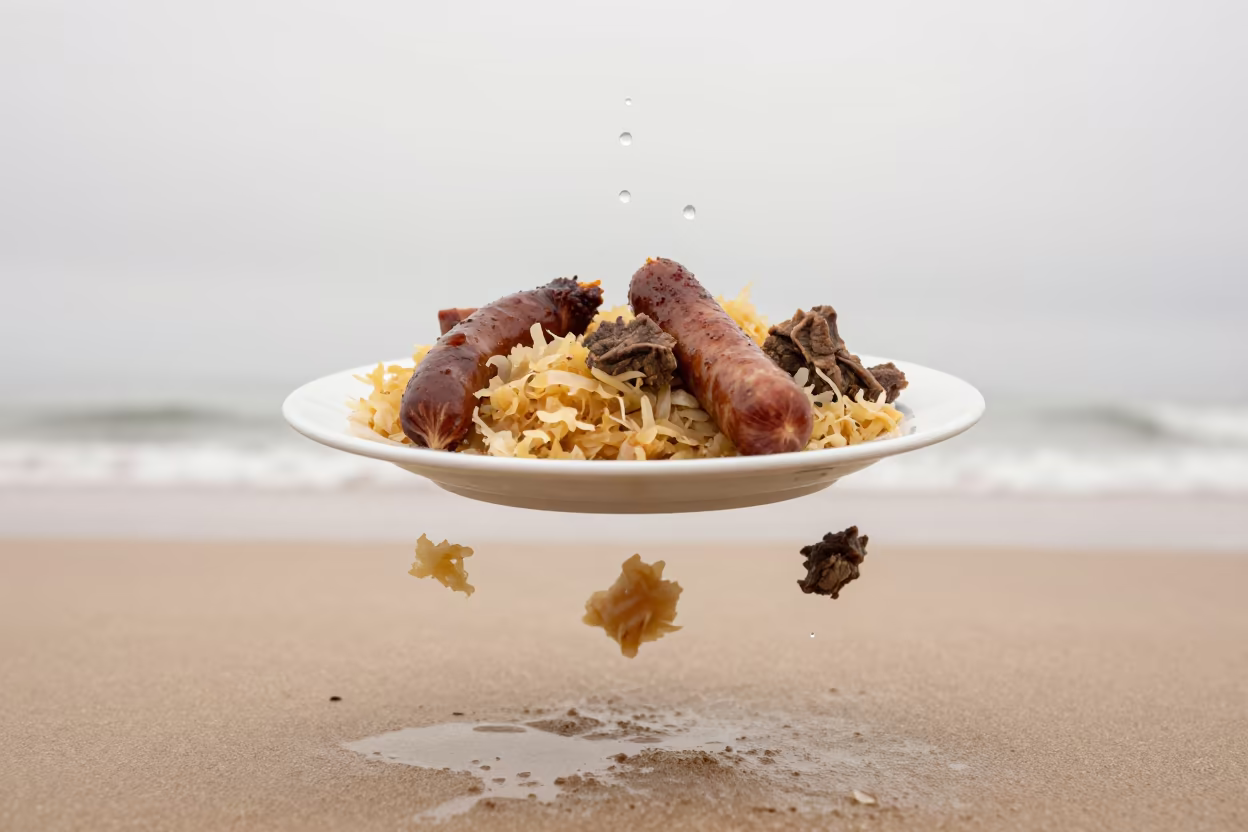 Frozen Bigos Stew Mid-Air Over Huambo Beach in along a beach near Huambo