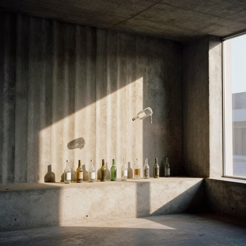 Frozen Bottles Cast Golden Shadows on Concrete in inside a ribbed concrete lobby near Pointe-Noire