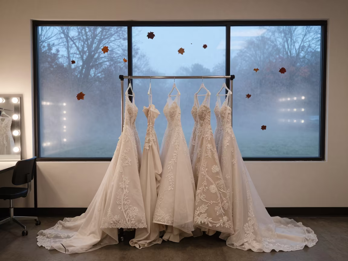 Frozen Bridal Gowns in Autumn Twilight in beside a mirror lined with makeup bulbs in Spotsylvania County