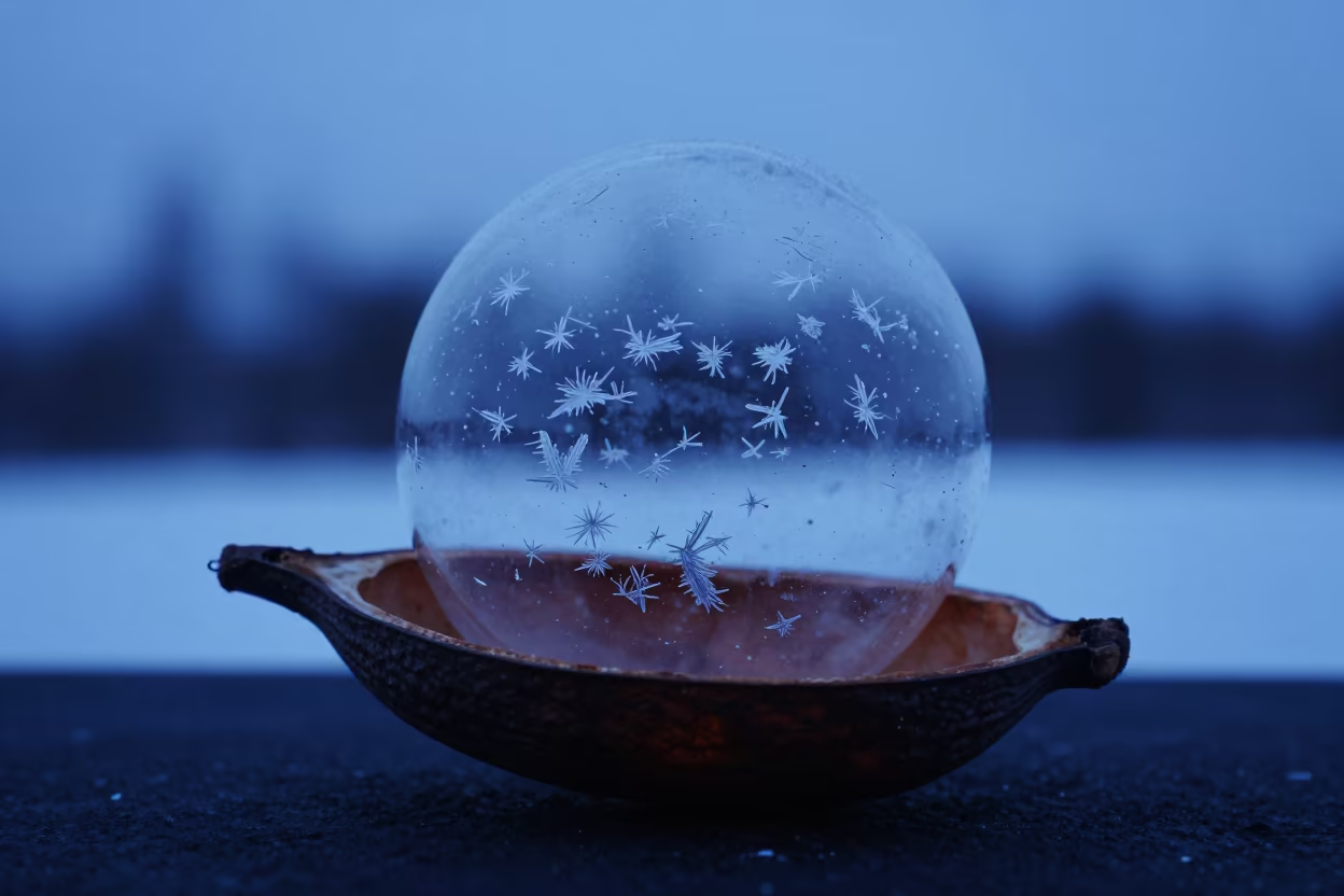 Frozen Bubble Ice Crystal in Lapland Seed Pod in inside a seed pod split open near Rovaniemi