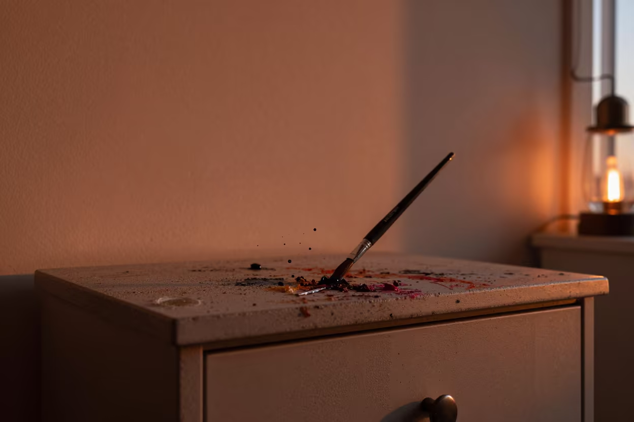 Frozen Calligraphy Brush on Hotel Dresser in on a hotel dresser in Perth