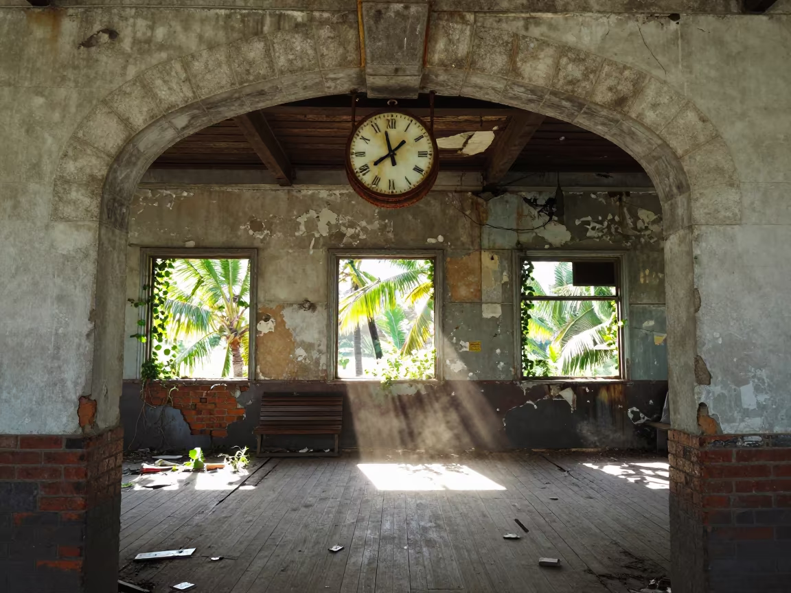 Frozen Clock Beneath Stone Arch in Abandoned Station in beneath a broken stone arch near Anchorage
