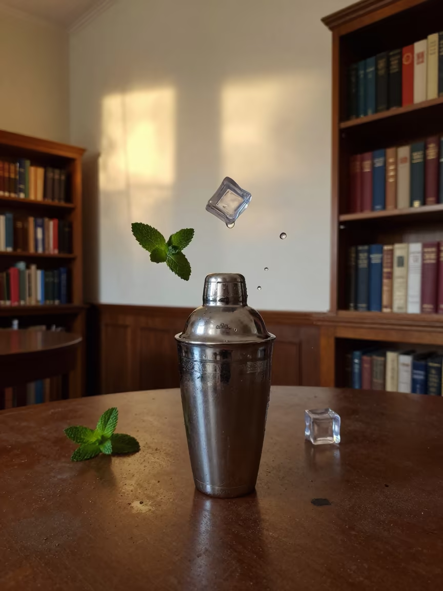 Frozen Cocktail Shaker on Dusty Library Table in on a dusty library table in Asmara