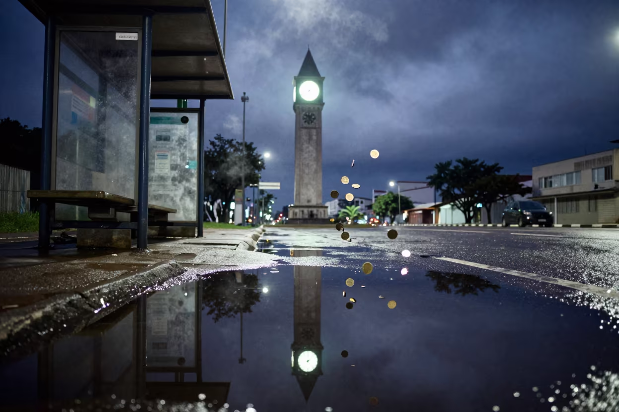 Frozen Coins and Neon Clock in Curitiba Puddle in beside a steamed-up bus shelter in Curitiba