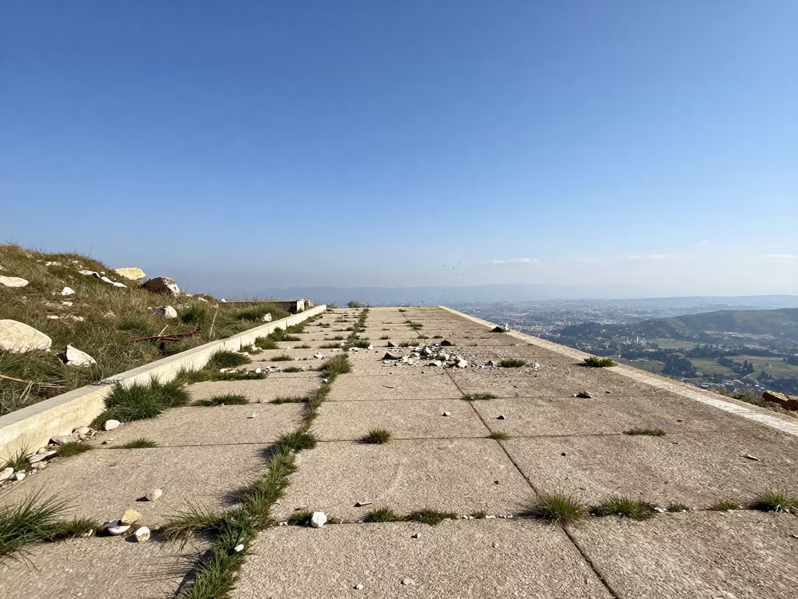 Frozen debris midair over grassy ruin platform in near Rishon LeZion