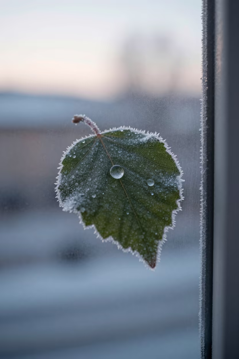 Frozen Dewdrop Facets on Leaf Near Oslo Window in along a frost-edged windowpane near Oslo