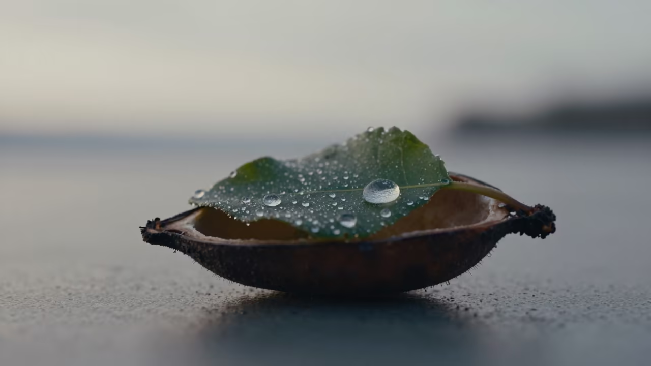 Frozen Dewdrop Facets on Leaf Inside Seed Pod in inside a seed pod split open in Kungsholmen, Stockholm