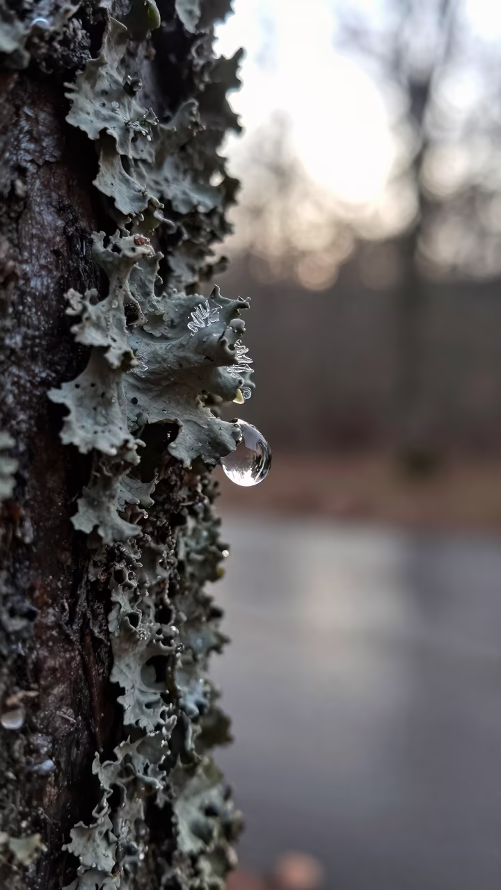 Frozen Dewdrop Facets on Winter Lichen Bark in on lichen-covered bark near Rovaniemi