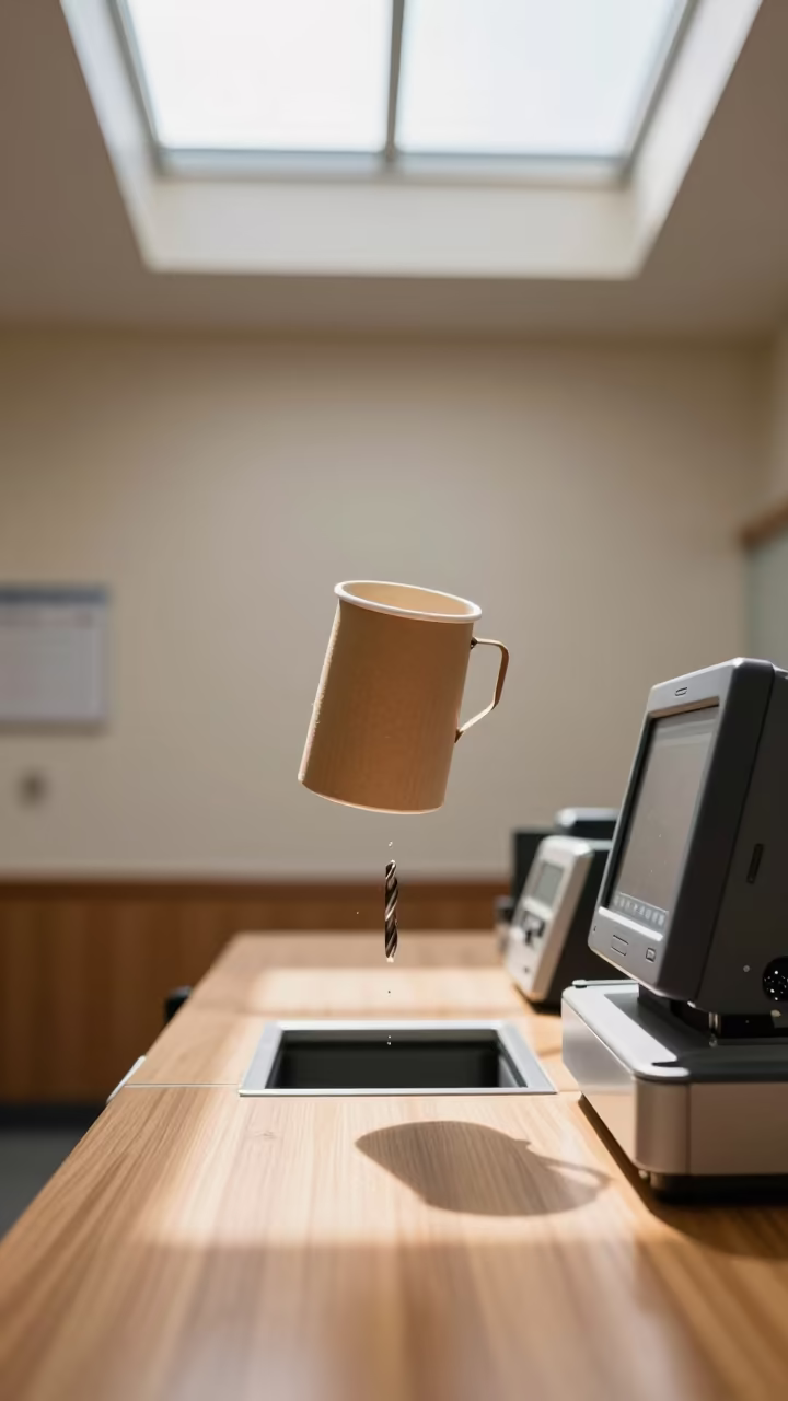 Frozen Drill Bit Return Cup Mid-Fall in at a checkout lane under flat store light near Hiroshima