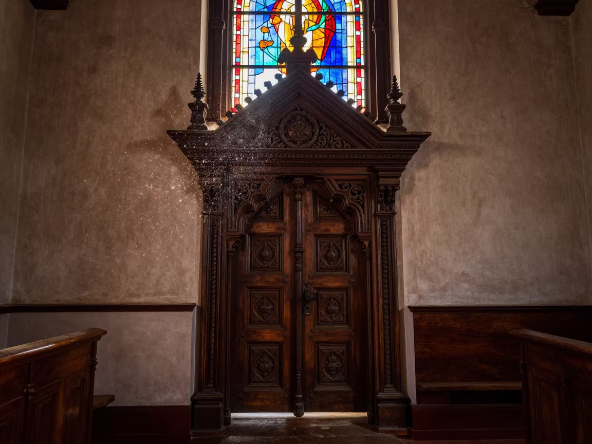 Frozen Falling Dust in Lalitpur Chapel in in a chapel lit by stained glass in Lalitpur