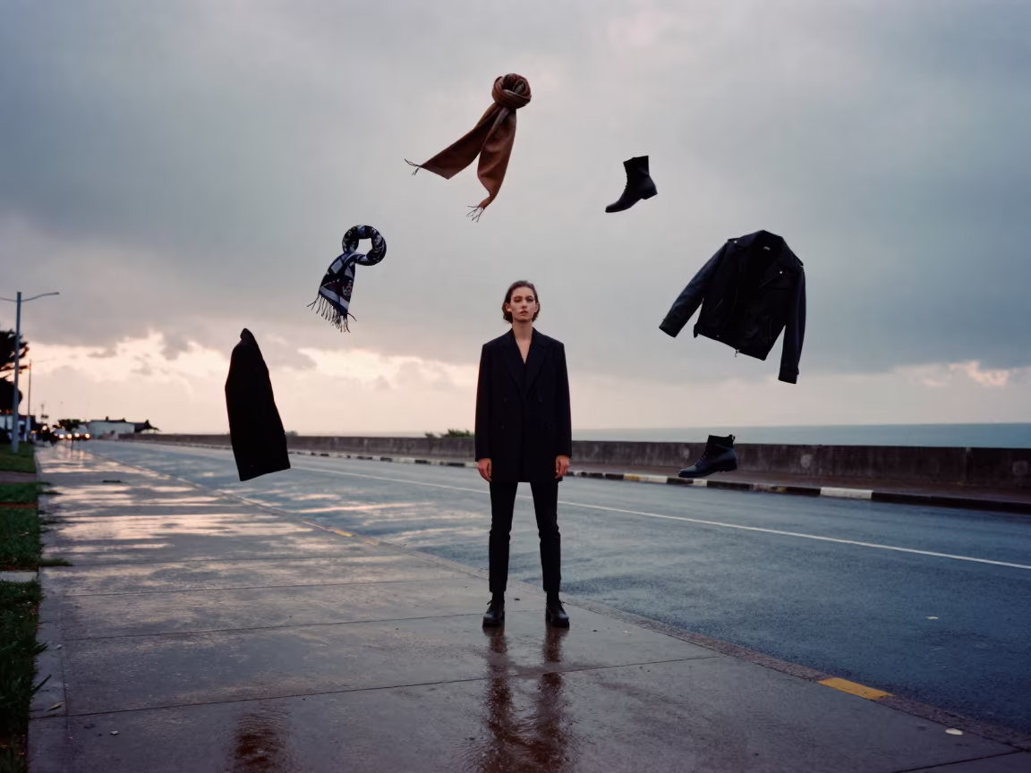 Frozen Fashion Objects on Rainy Rooftop Dusk in on a rain-darkened city sidewalk in Port Elizabeth