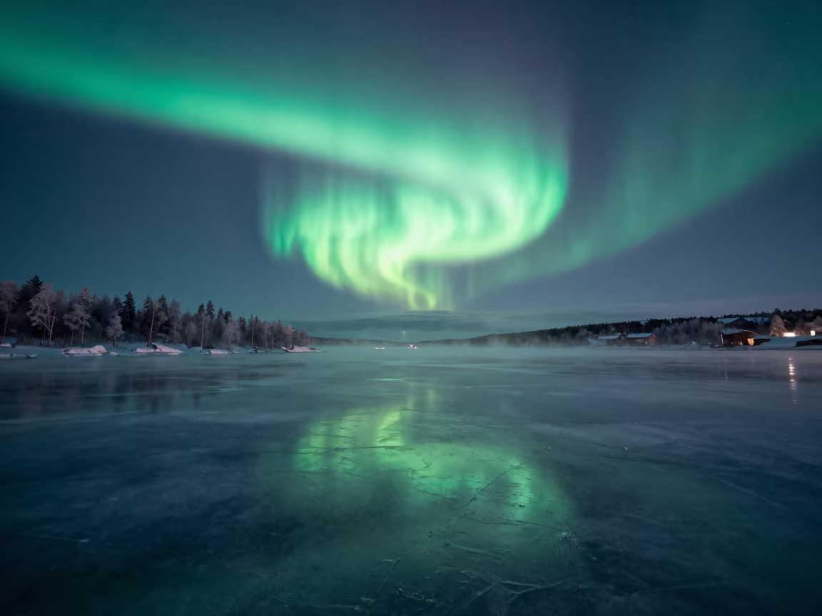 Frozen Fjord Aurora Reflection Night Mist in from a frost-hushed ridgeline near Stockholm