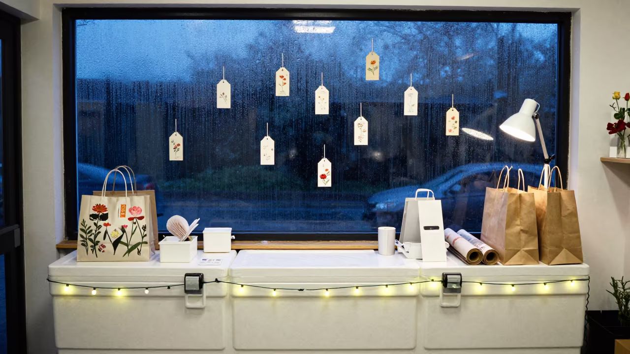 Frozen Floral Shop Mid Shift With Falling Items in at a cash wrap counter with bags stacked nearby near Victoria Seychelles