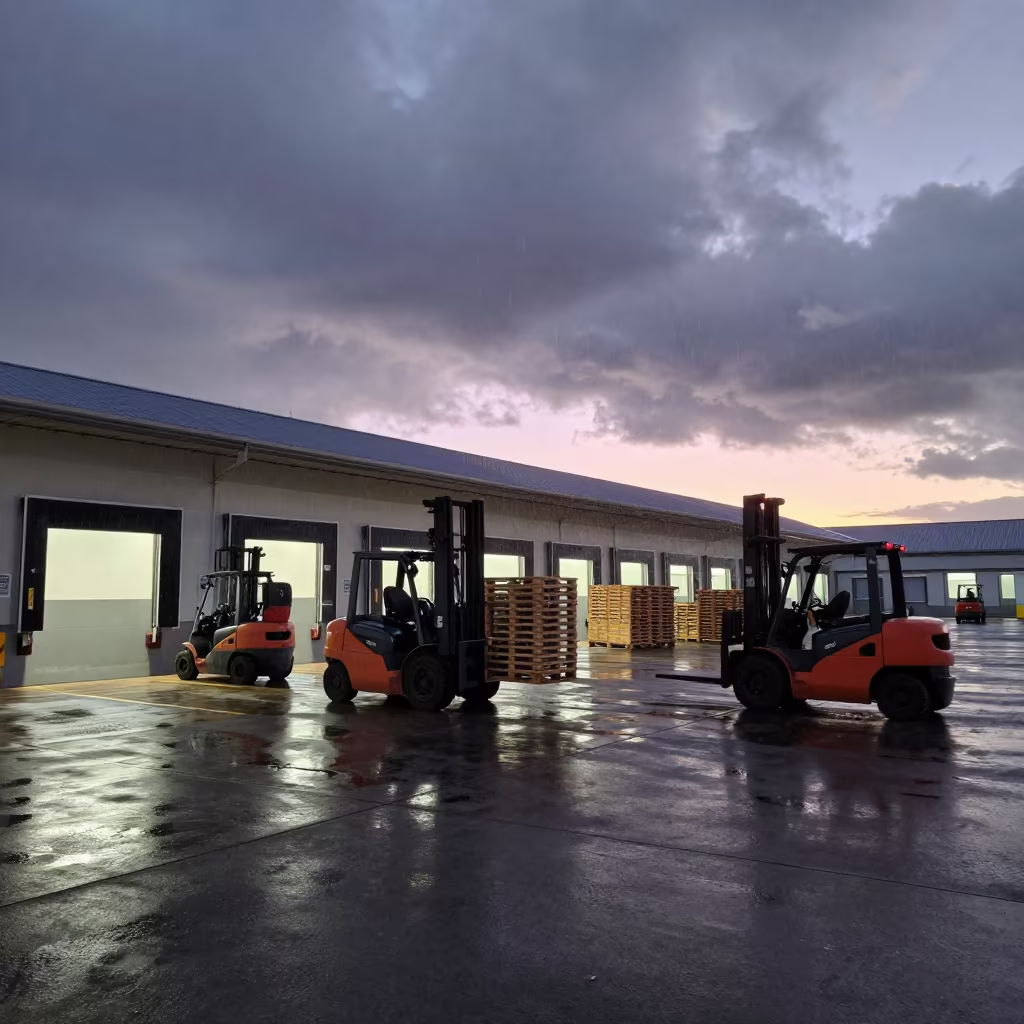 Frozen Forklifts at Kalk Bay Dawn in beside a cross-dock lane under dock lights in Kalk Bay, Cape Town