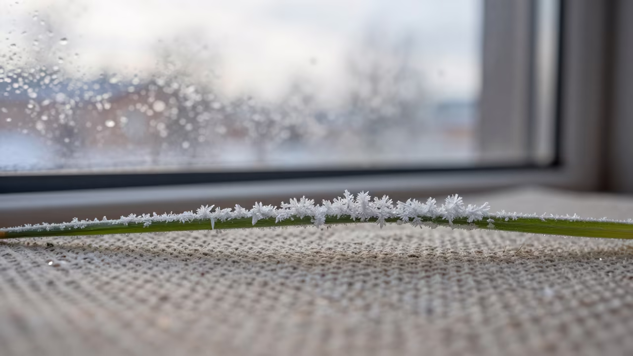 Frozen Grass Crystals on Linen in Stockholm in against woven linen fibers in Sodermalm, Stockholm